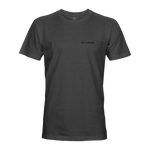 Dark gray T-shirt with small chest logo, crew neck