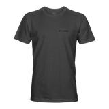 Dark gray T-shirt with small chest logo, crew neck