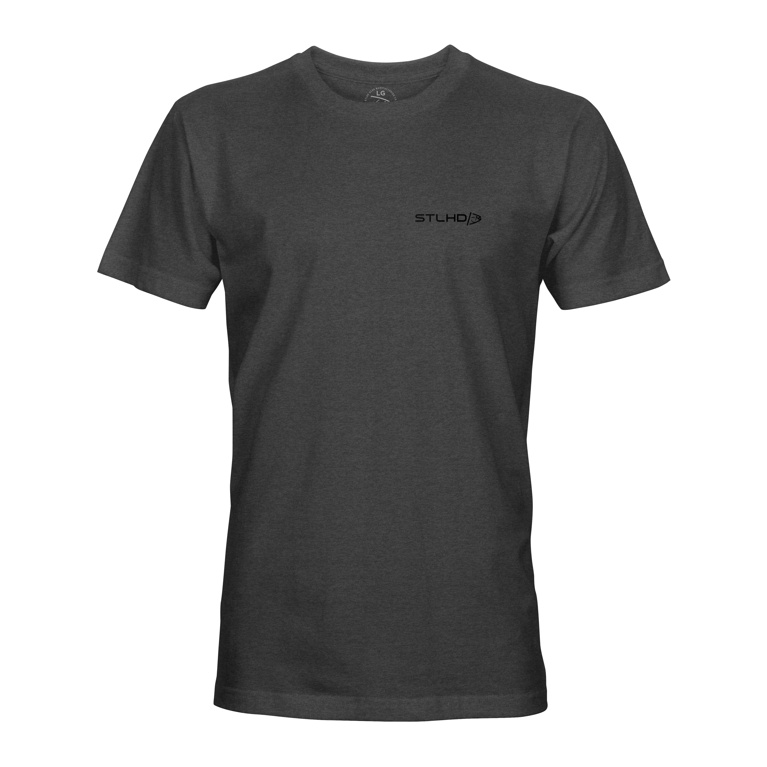 Dark gray T-shirt with small chest logo, crew neck