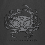 Dark gray T-shirt with detailed crab illustration and "ALWAYS SEARCHING" text