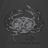 Dark gray T-shirt with detailed crab illustration and "ALWAYS SEARCHING" text
