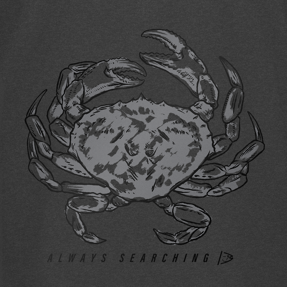 Dark gray T-shirt with detailed crab illustration and "ALWAYS SEARCHING" text
