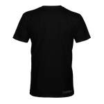 Black foundation t-shirt back view with small logo at hem