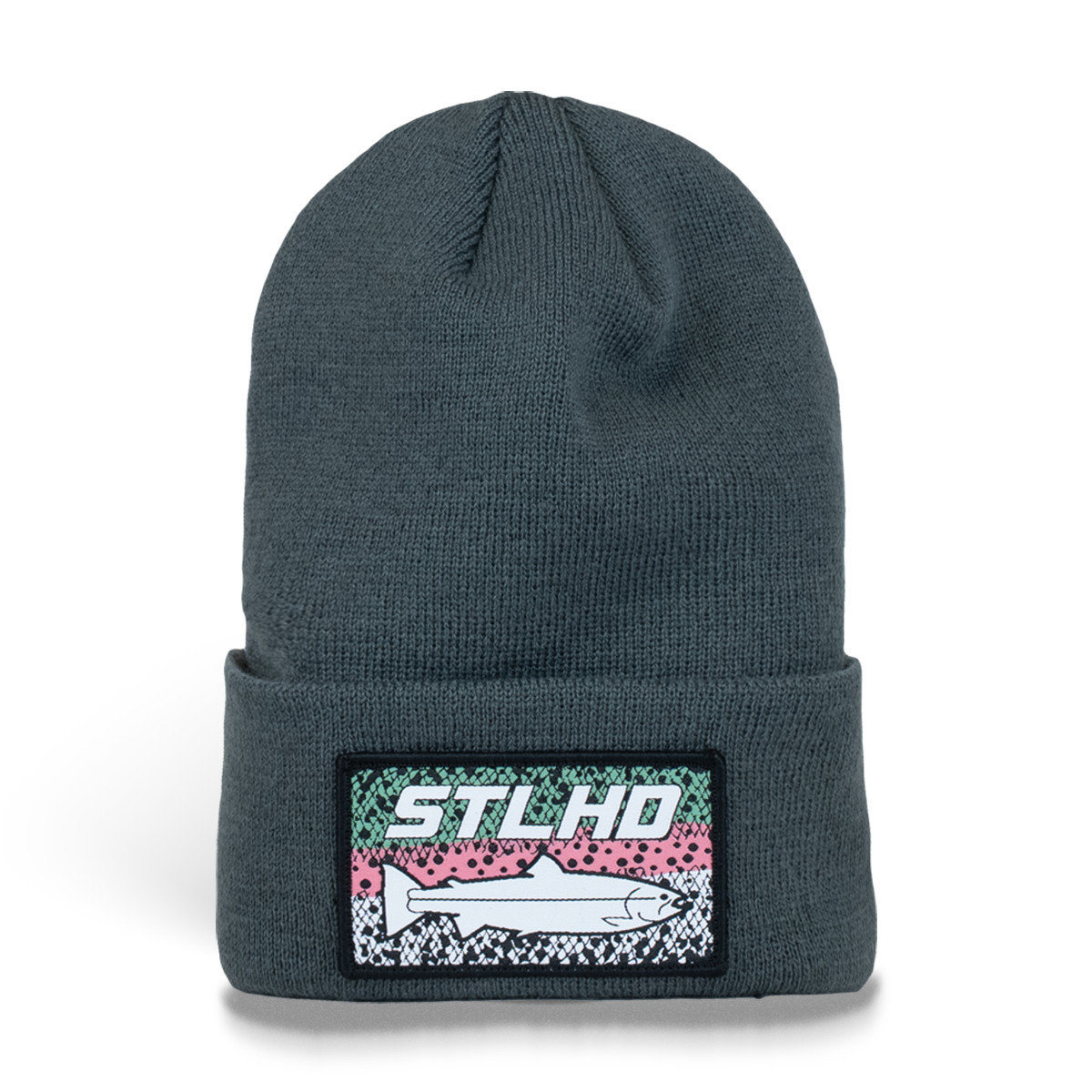 Dark teal knit beanie with ribbed cuff and rectangular STLHD patch logo