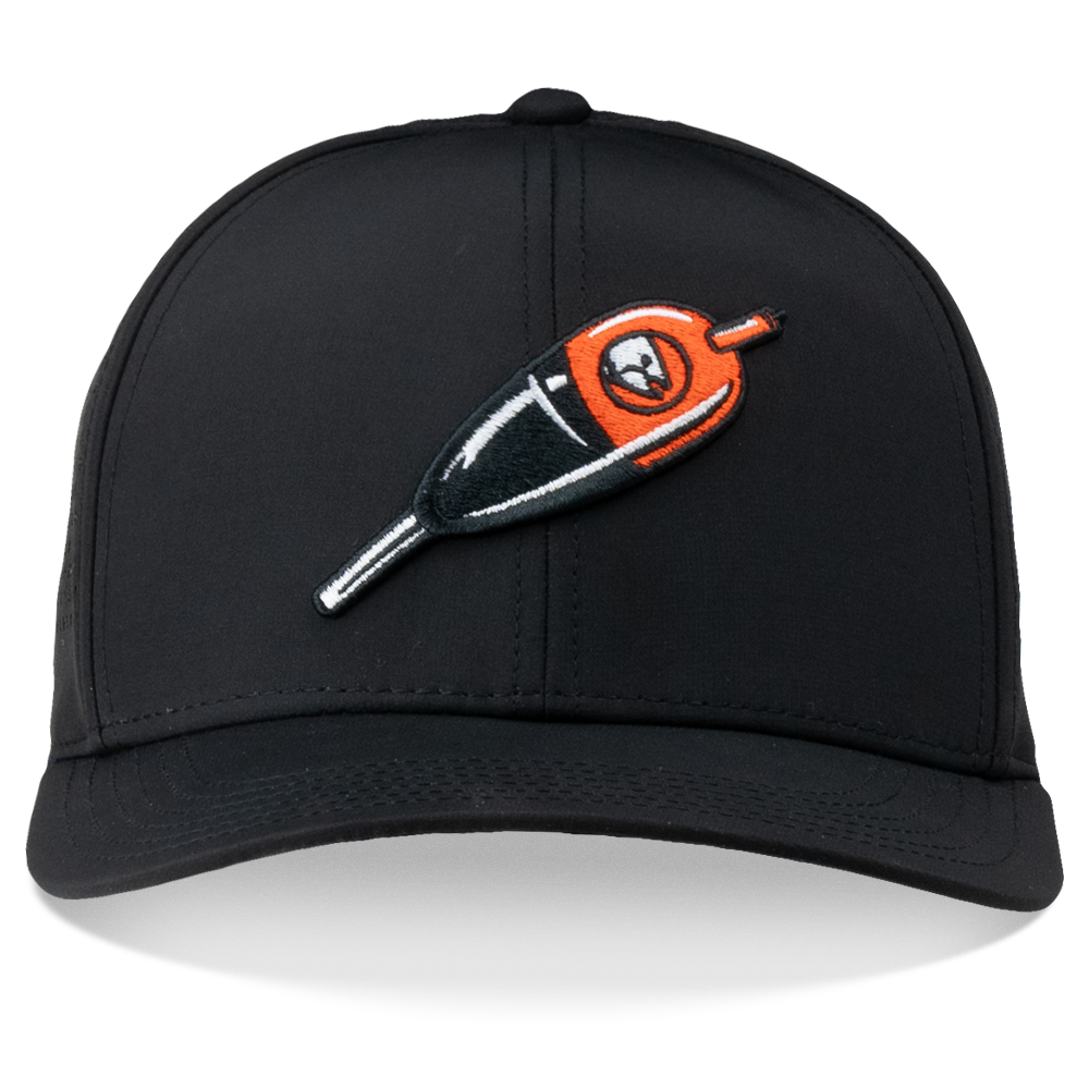 Black trucker cap with embroidered orange logo on the front