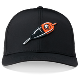 Black trucker cap with embroidered orange logo on the front