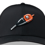 Black trucker cap close-up with orange embroidered logo and curved brim