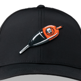 Black trucker cap close-up with orange embroidered logo and curved brim