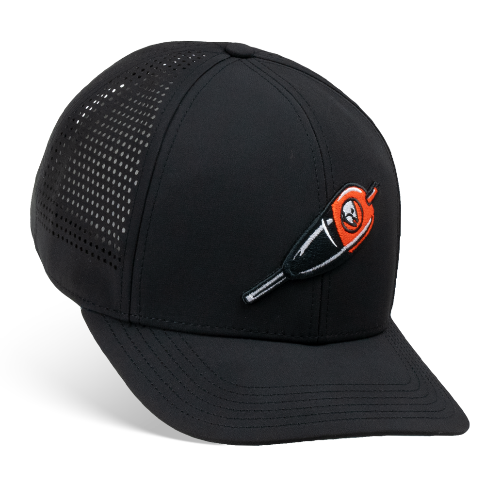 Black trucker cap with perforated side panels and orange STLHD logo patch