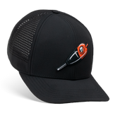 Black trucker cap with perforated side panels and orange STLHD logo patch