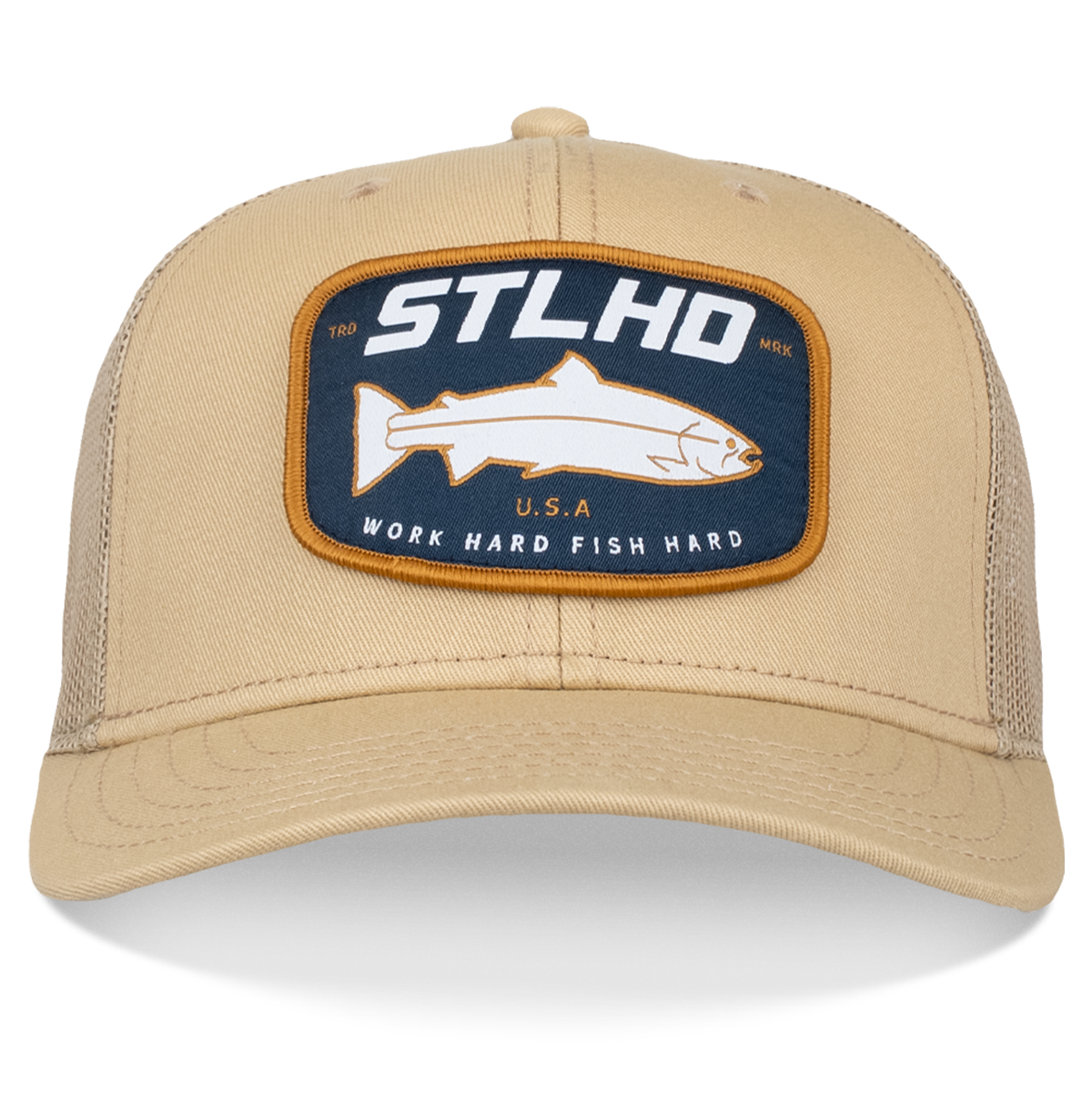 Tan trucker hat with large STLHD U.S.A. fish patch
