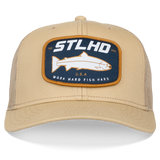 Tan trucker hat with large STLHD U.S.A. fish patch