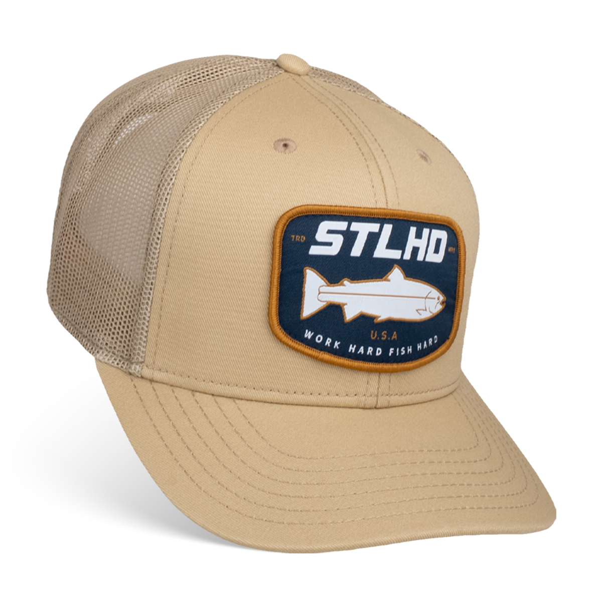 Beige mesh trucker cap with STLHD patch on front