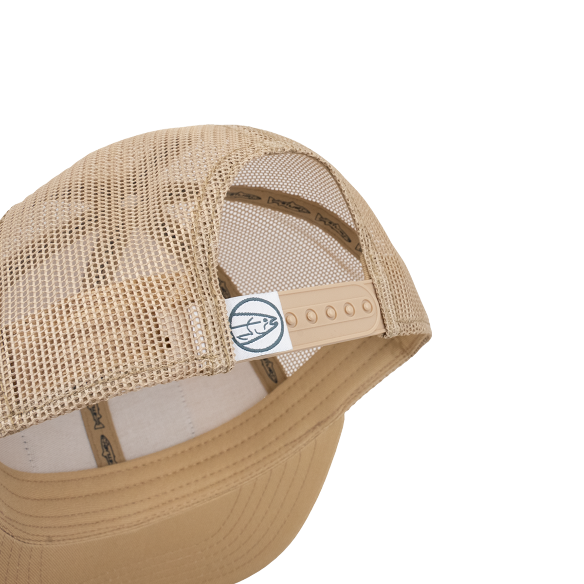 Tan mesh trucker cap back panel with adjustable snap and interior branding