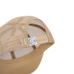 Tan mesh trucker cap back panel with adjustable snap and interior branding
