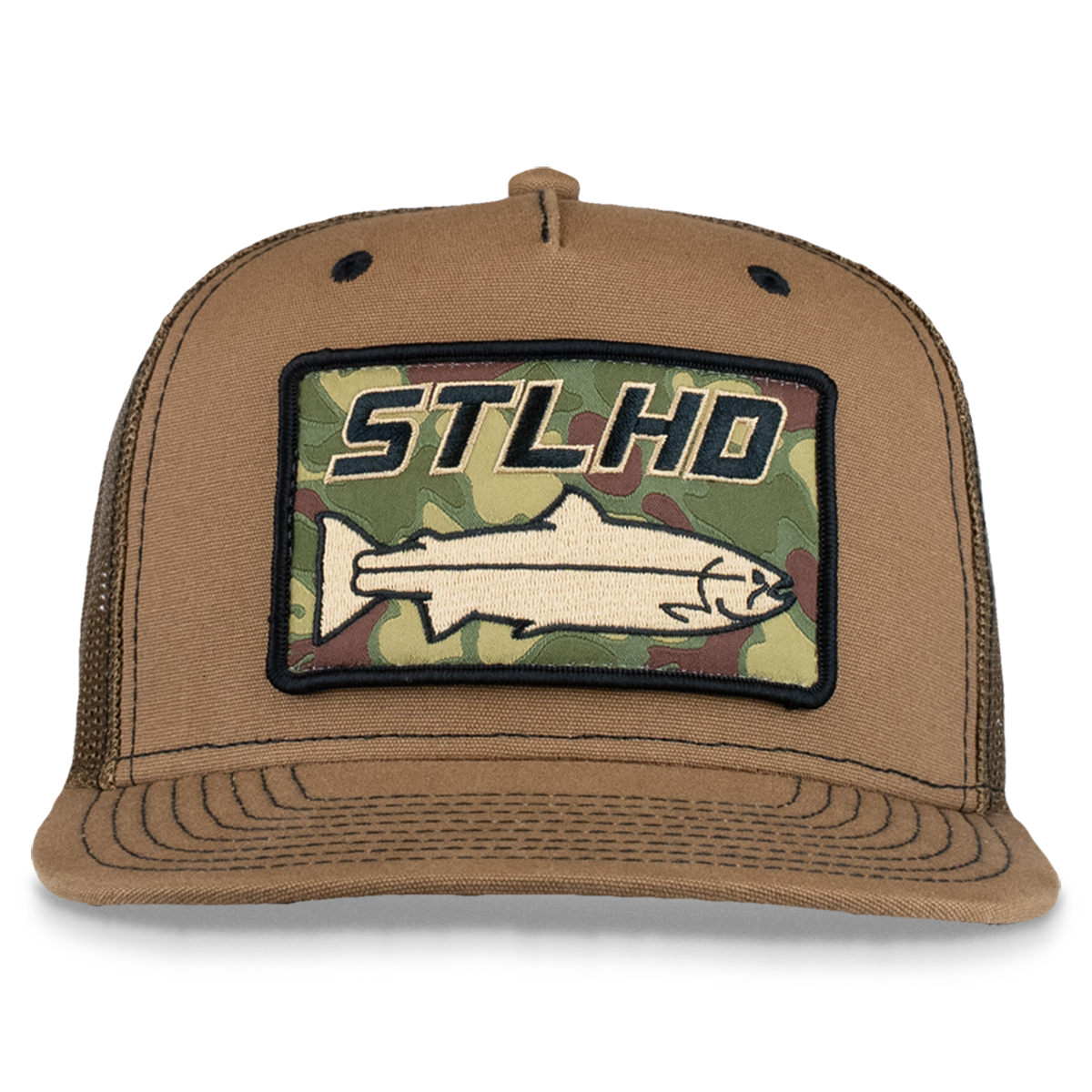 Tan trucker cap with front camo patch and curved brim with stitched panel seams