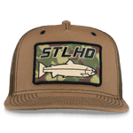 Tan trucker cap with front camo patch and curved brim with stitched panel seams