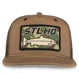 Tan trucker cap with front camo patch and curved brim with stitched panel seams