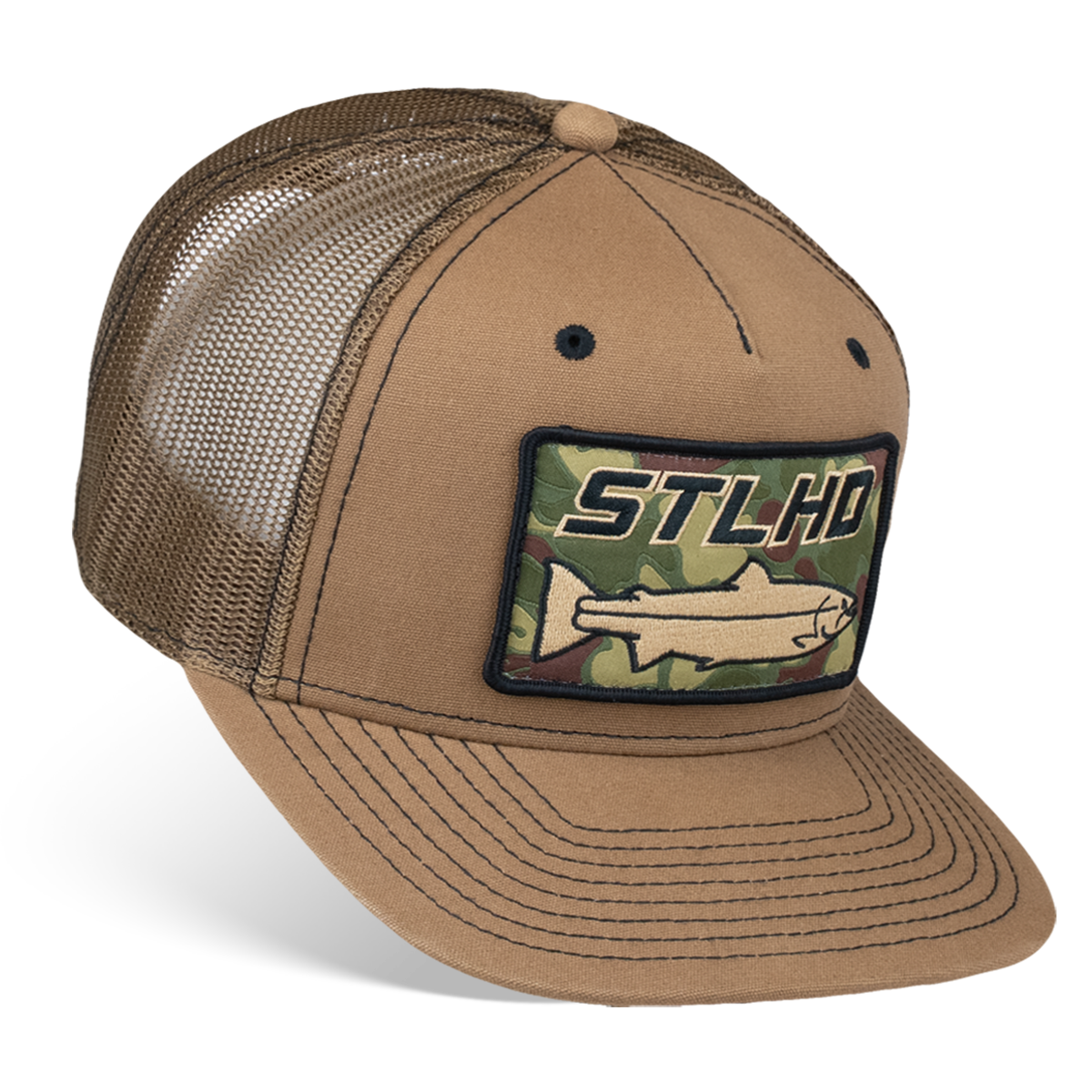 Tan 5-panel trucker cap with mesh back and stitched ST LHD logo patch
