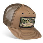 Tan 5-panel trucker cap with mesh back and stitched ST LHD logo patch