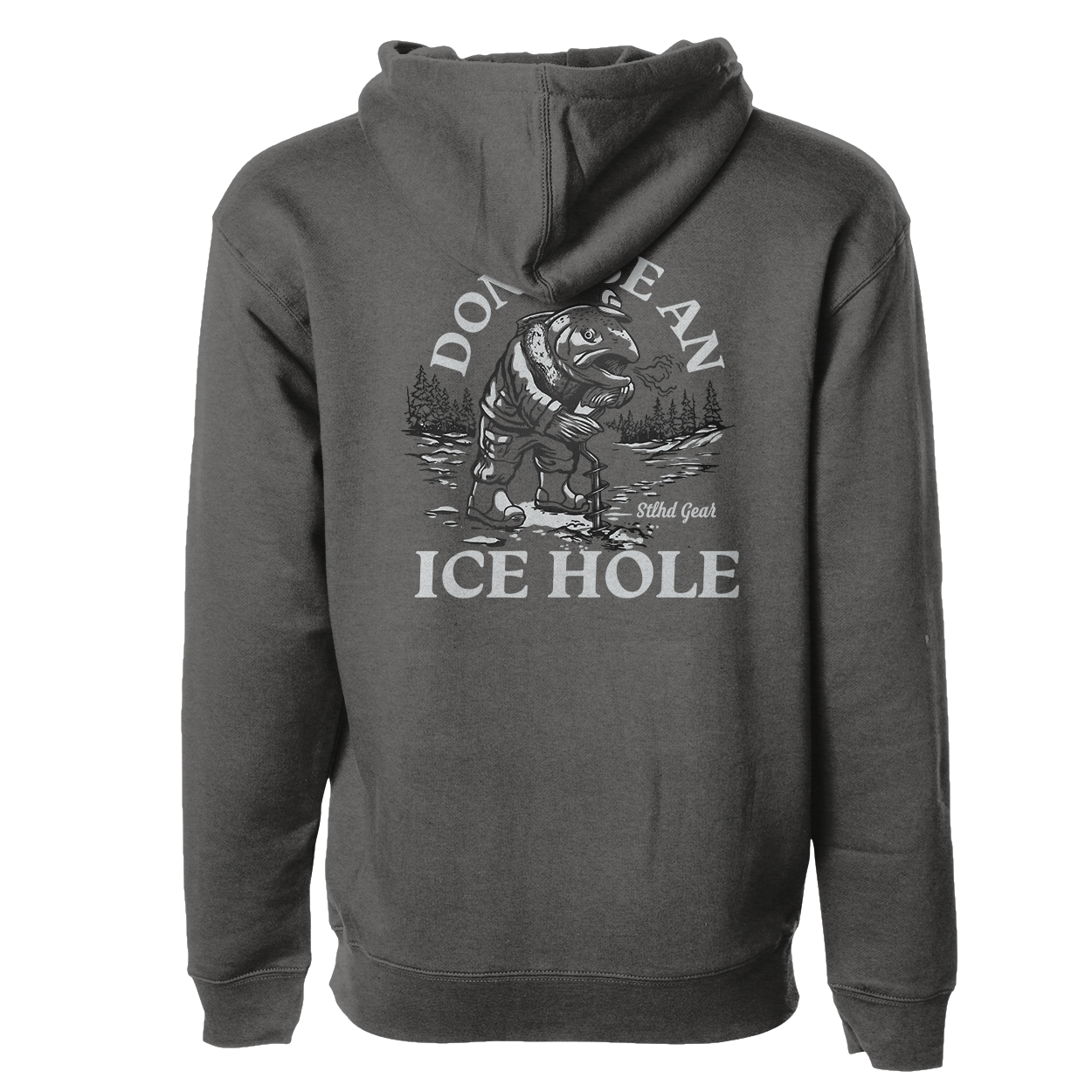 Dark gray pullover hoodie with front graphic "ICE HOLE" and bear illustration
