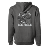Dark gray pullover hoodie with front graphic "ICE HOLE" and bear illustration