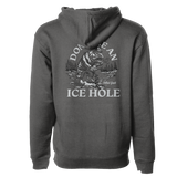 Dark gray pullover hoodie with front graphic "ICE HOLE" and bear illustration