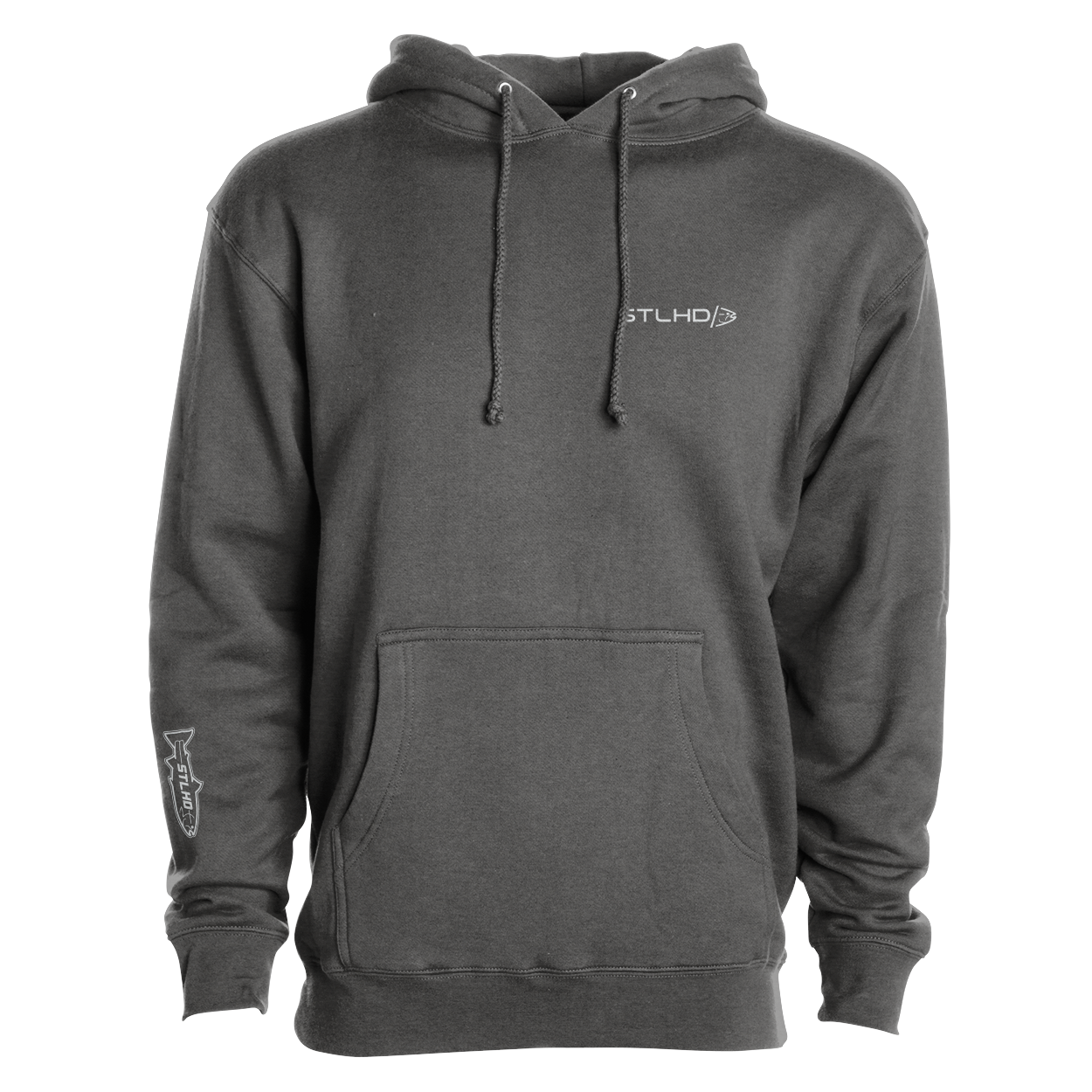 Dark gray pullover hoodie with drawstring hood and front kangaroo pocket
