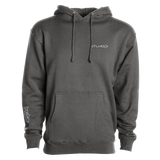 Dark gray pullover hoodie with drawstring hood and front kangaroo pocket