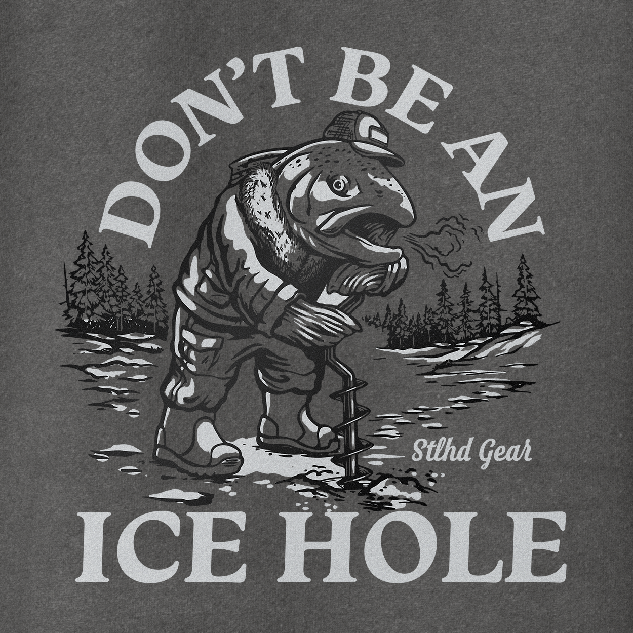 Dark gray hoodie with large "ICE HOLE" bear graphic, trees, and text design