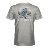 Heather gray T-shirt with back dinosaur graphic and “ICE HOLE” text