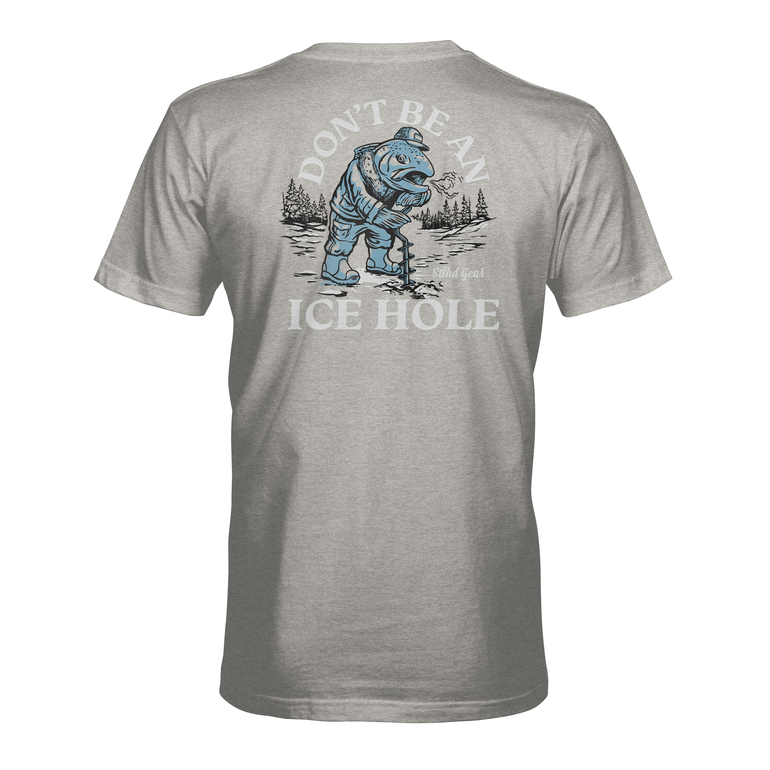Heather gray T-shirt with back dinosaur graphic and “ICE HOLE” text