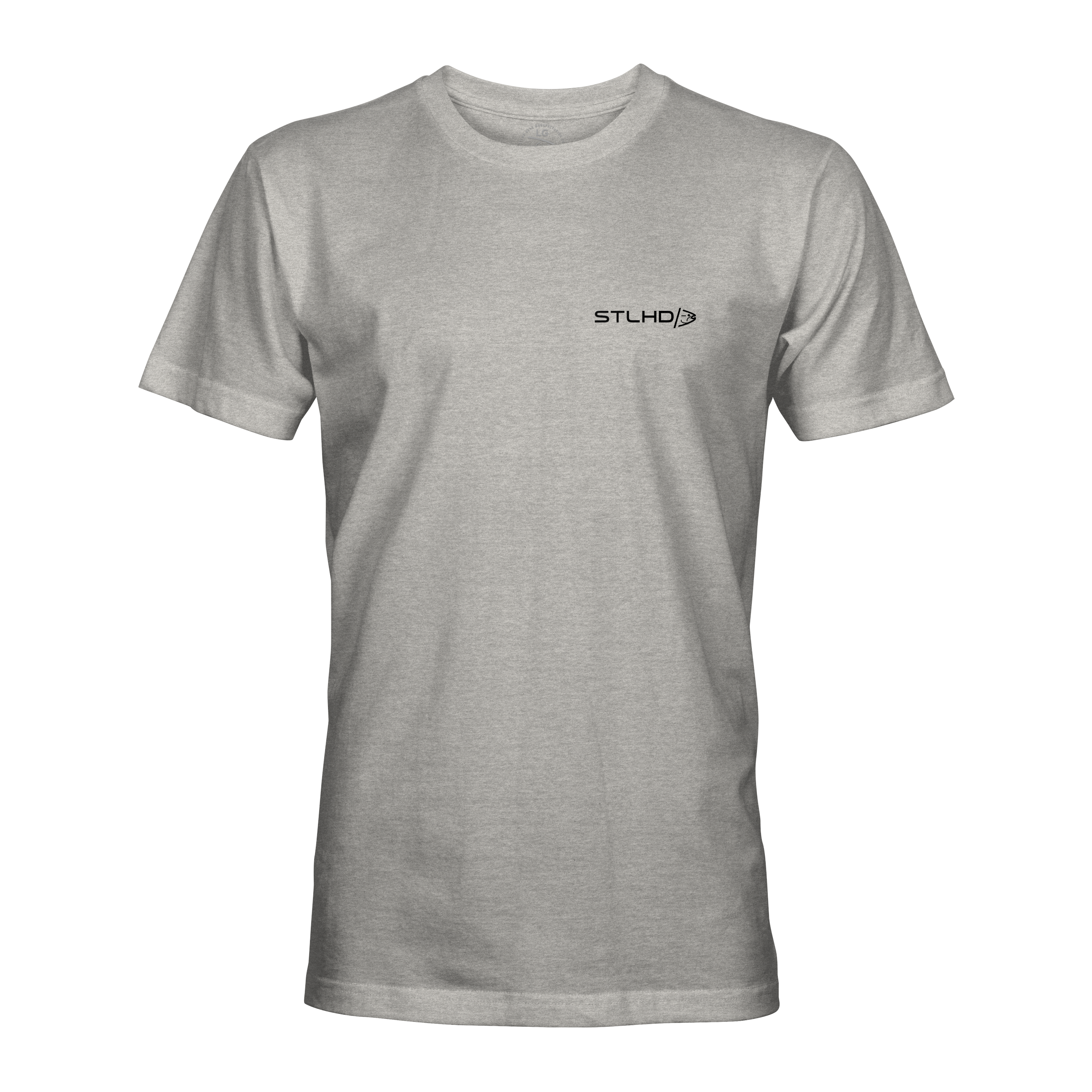 Heather gray T-shirt with small chest “STLHD/” logo