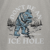 Heather gray T-shirt close-up of back “ICE HOLE” dinosaur graphic