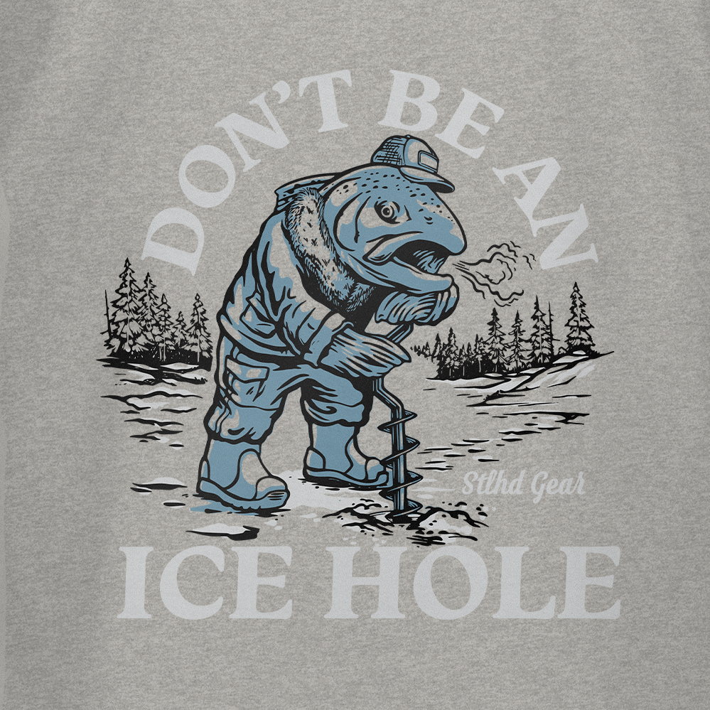 Heather gray T-shirt close-up of back “ICE HOLE” dinosaur graphic