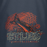 Dark blue T-shirt front with orange and red illustrated graphic and text