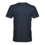 Dark blue T-shirt back with small logo at the lower hem