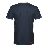 Dark blue T-shirt back with small logo at the lower hem