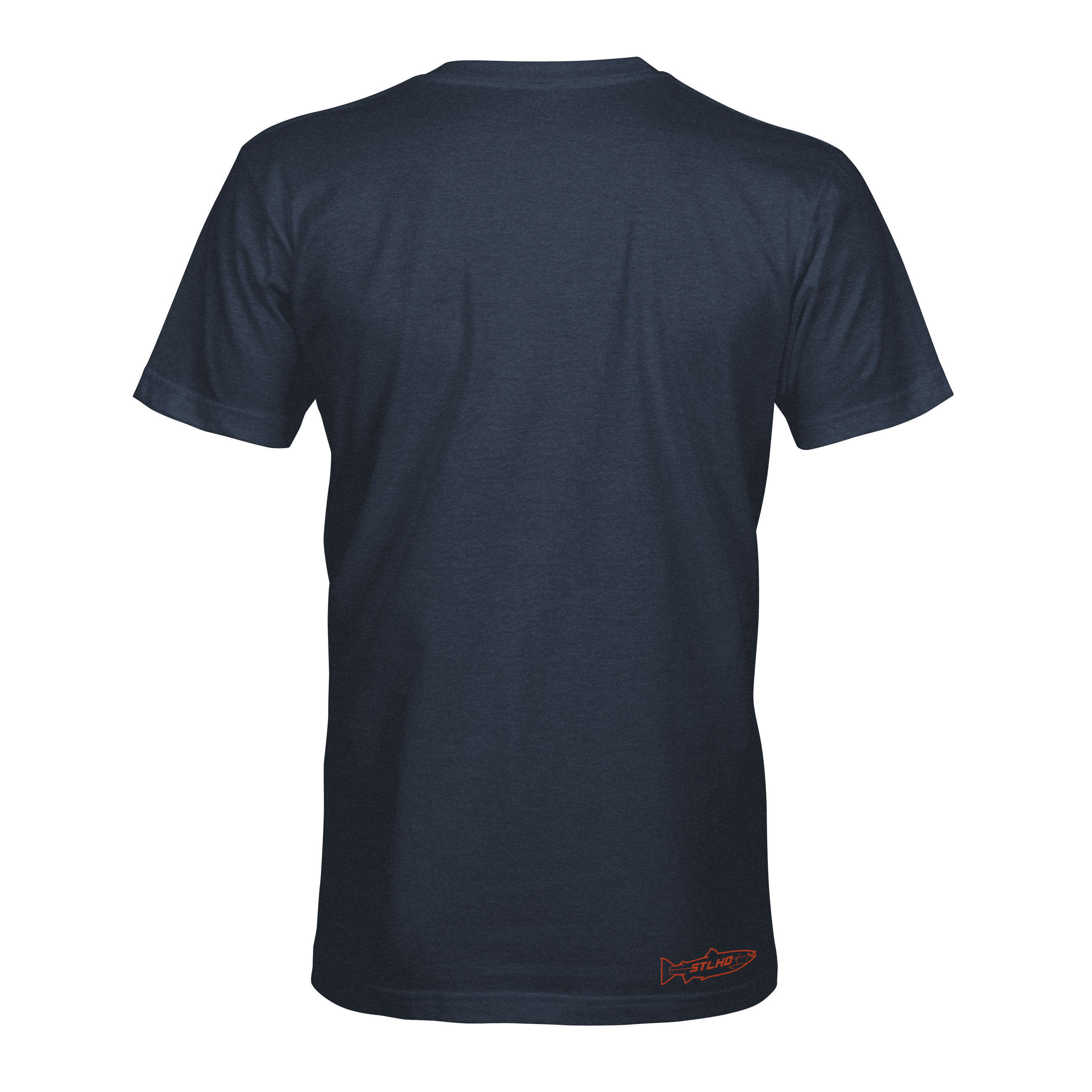 Dark blue T-shirt back with small logo at the lower hem