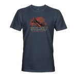 Dark blue short-sleeve T-shirt with large orange graphic on the chest