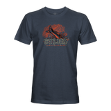 Dark blue short-sleeve T-shirt with large orange graphic on the chest