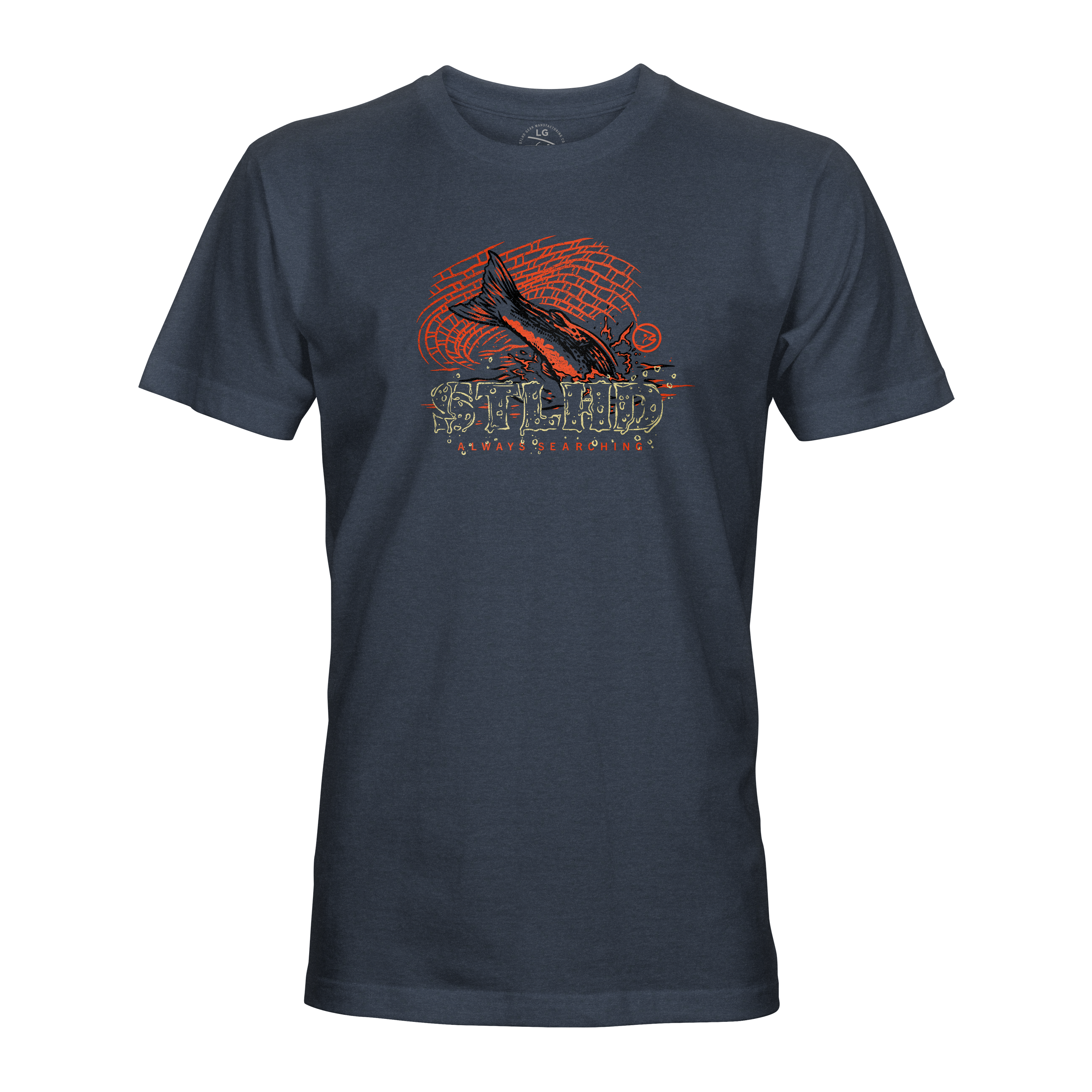 Dark blue short-sleeve T-shirt with large orange graphic on the chest