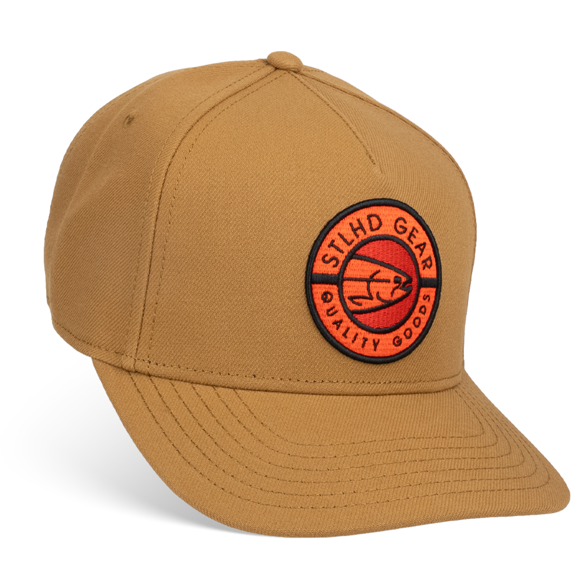 Tan canvas baseball cap with round STLHD Gear Quality Goods patch on front