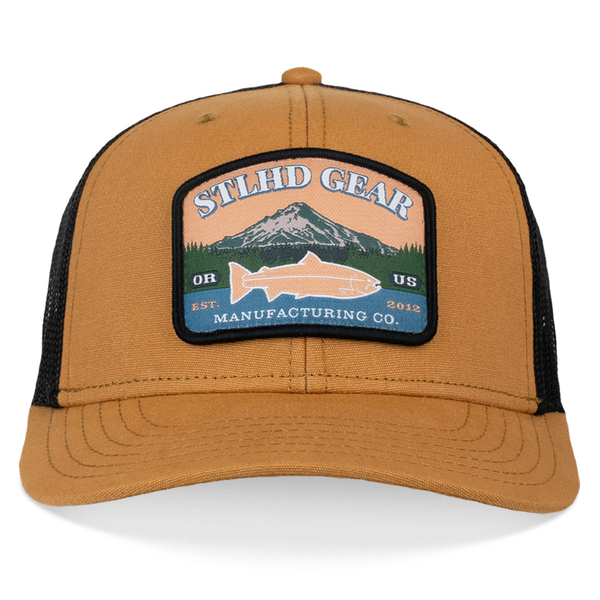 Wheat and black trucker cap with large front logo patch and curved brim