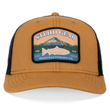 Wheat and black trucker cap with large front logo patch and curved brim