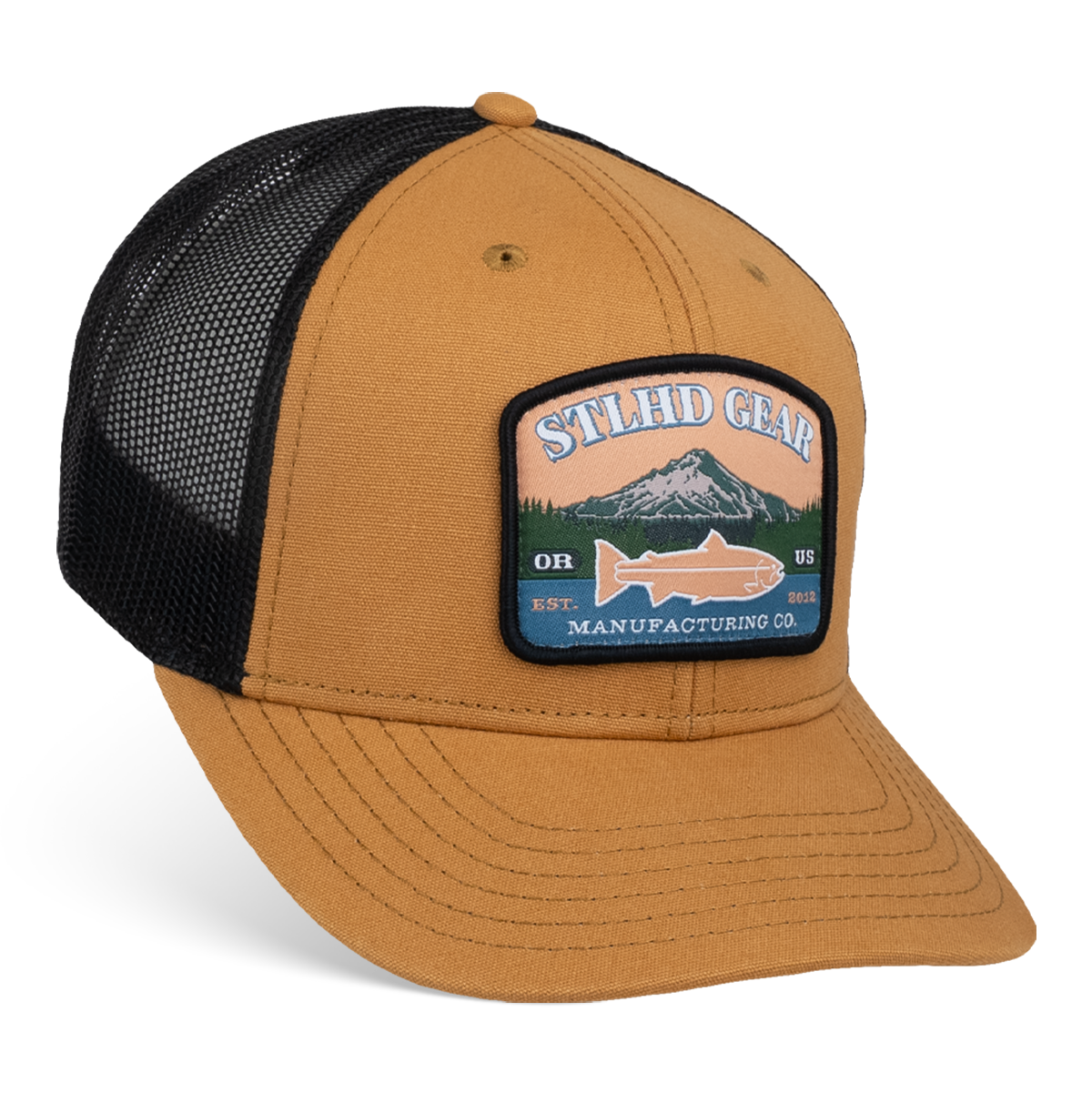 Wheat and black trucker cap with front Mt. Hood logo patch