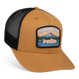 Wheat and black trucker cap with front Mt. Hood logo patch