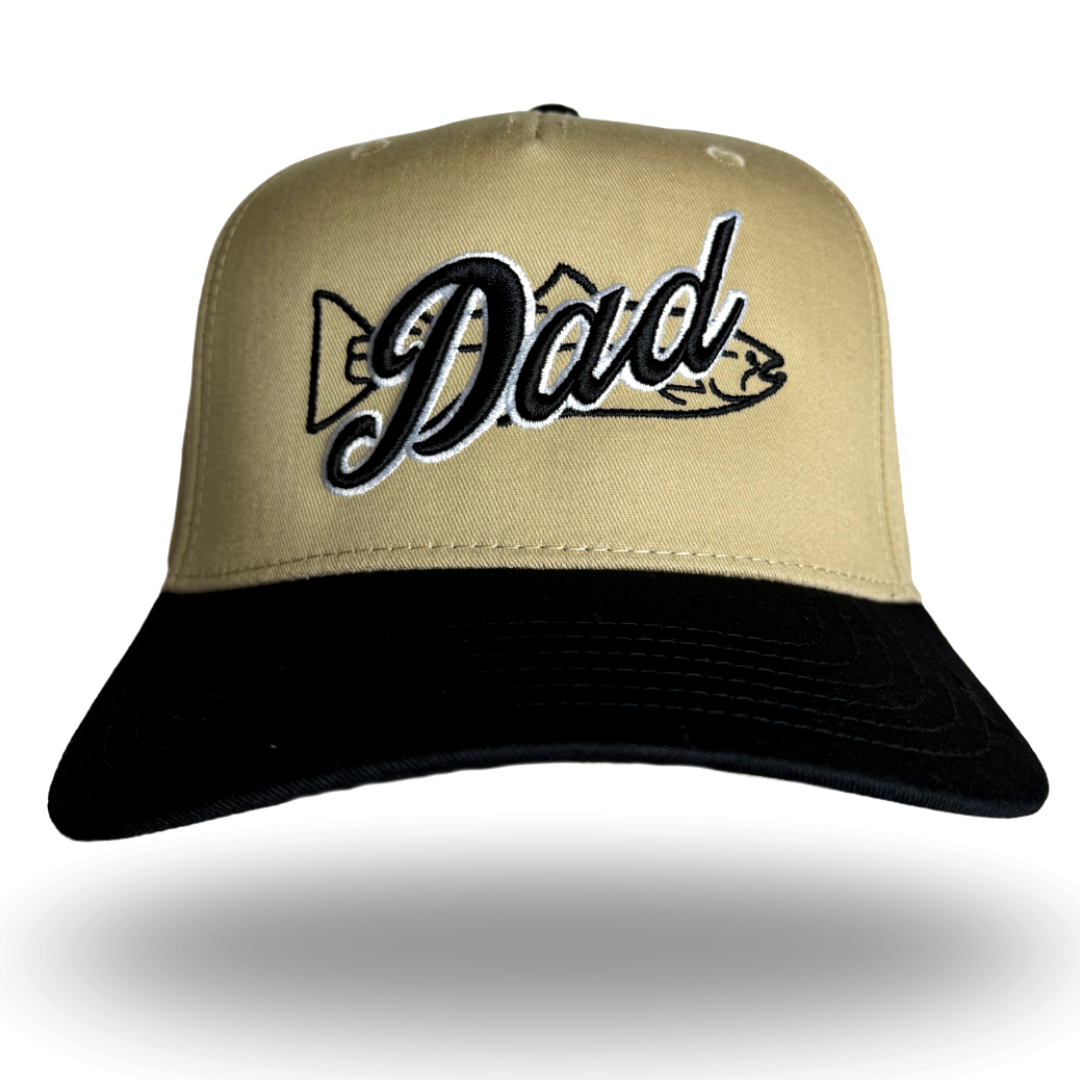 Khaki dad hat with black brim and large embroidered 'Dad' front logo