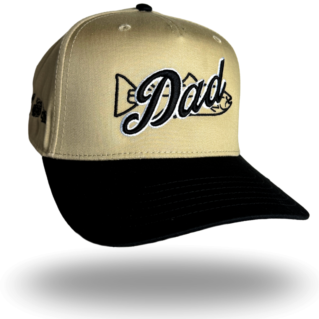Khaki dad hat with black brim and embroidered 'Dad' script logo