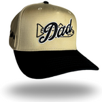 Khaki dad hat with black brim and embroidered 'Dad' script logo